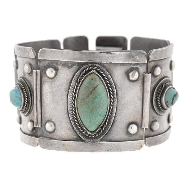 Floral engraved bracelet-Vintage Mexican Sterling & Turquoise Link Bracelet