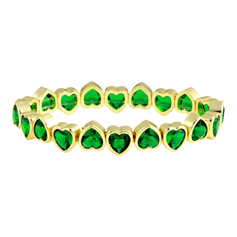 Diamond tennis bracelet-Emerald Stretchy Bezel Heart Bracelet