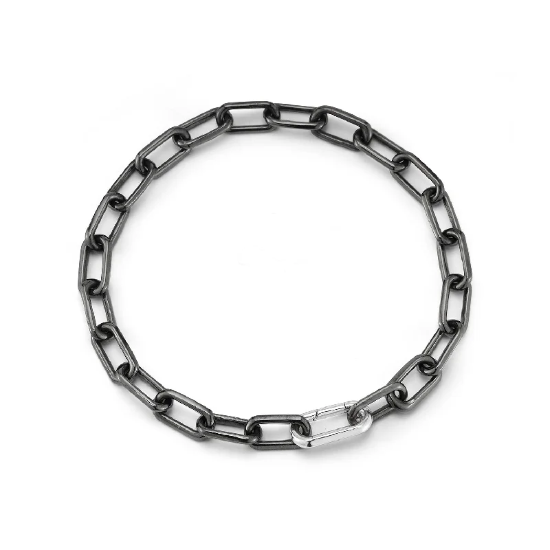 Heartbeat design bracelet-SAXON BLACK RHODIUM LINK BRACELET WITH ELONGATED STERLING SILVER SPRING LOADED CLASP