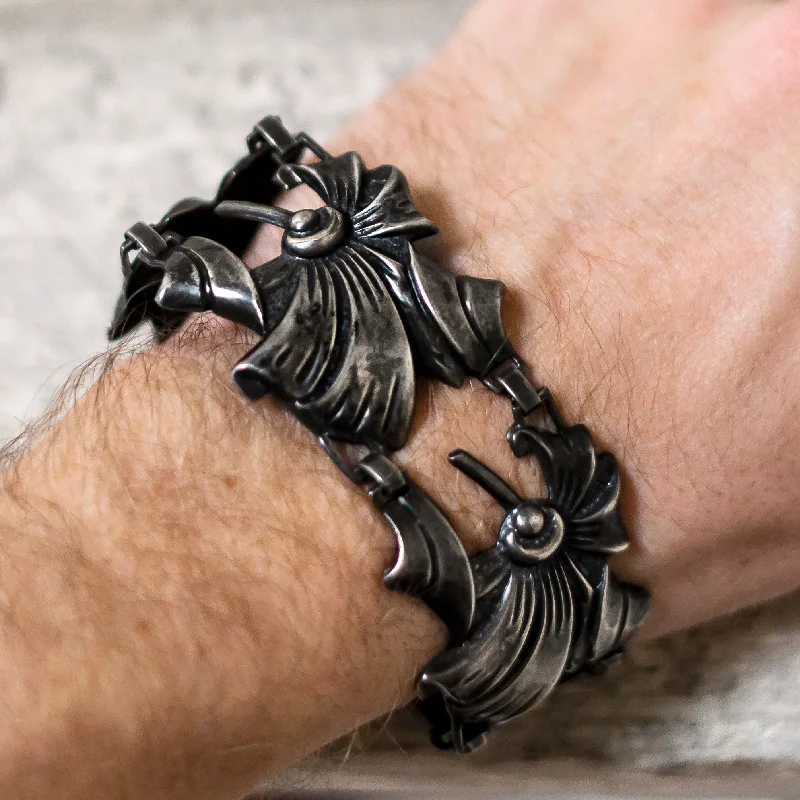 Minimalist chain bracelet-Floral Antiqued Sterling Bracelet C. 1940