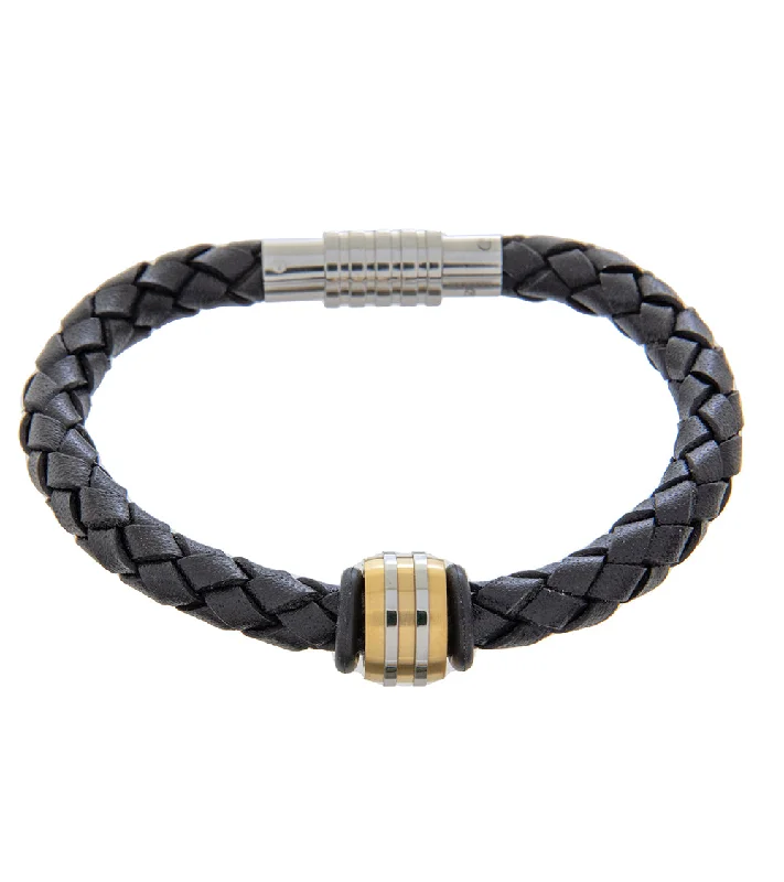 Bold zircon bracelet-Mens Bracelet 19cm Black Leather with Accent Bead