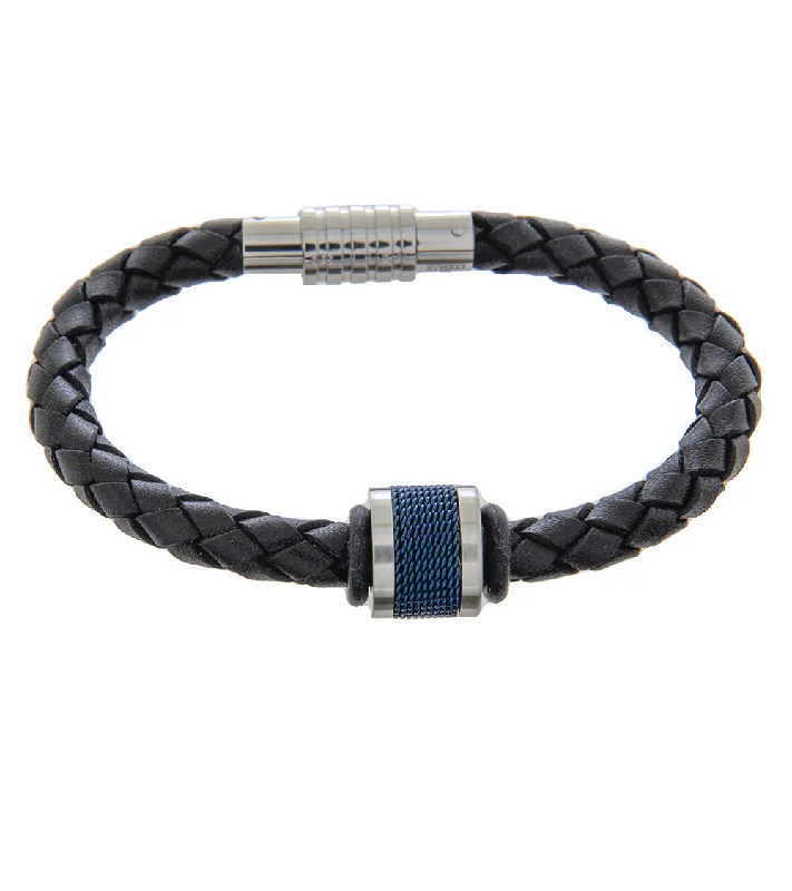 Textured chain bracelet-Mens Bracelet 19cm Black Leather with Blue Mesh Accent