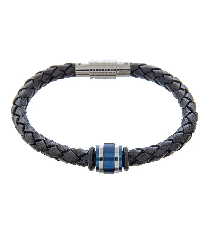 Sunburst design bracelet-Mens Bracelet 21cm Black Leather with Blue Accent