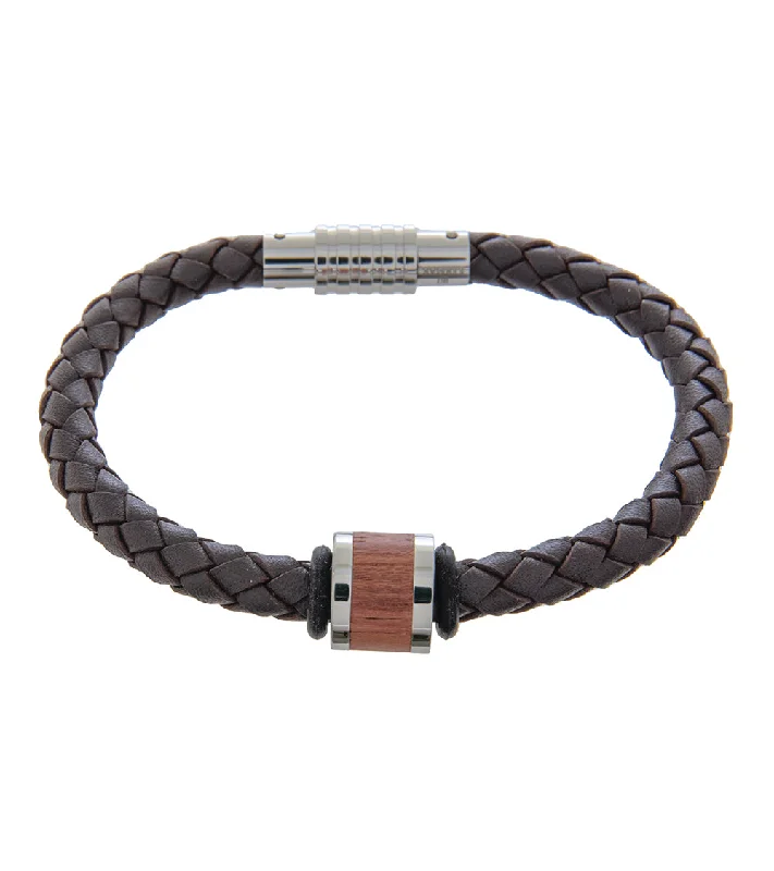 Leaf motif bracelet-Mens Bracelet 21cm Brown Leather with Long Bubinga Link