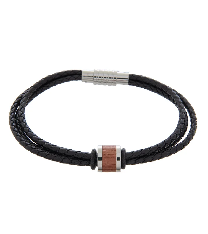 Retro style bracelet-Mens Bracelet 23cm Triple Black Leather with Bubinga Link