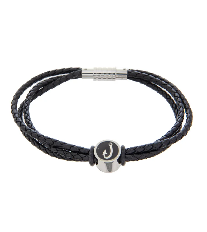 Minimalist bar bracelet-Mens Bracelet 23cm Triple Black Leather with Hook Accent