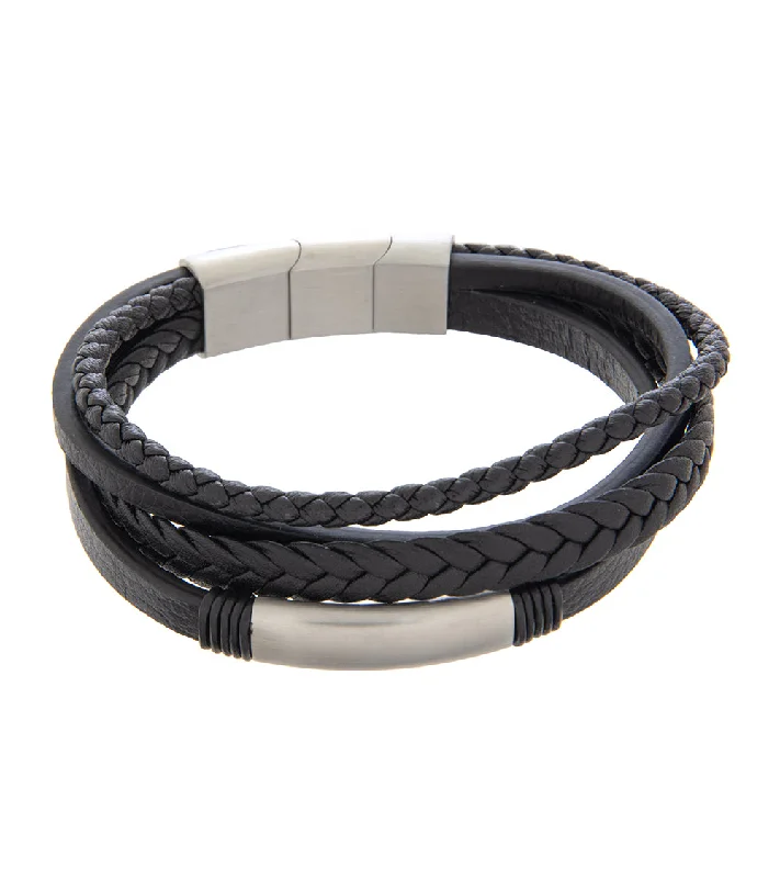 Infinity love bracelet-Mens Bracelet 19-21cm Black Multi-Leather with Rhodium Steel and extender