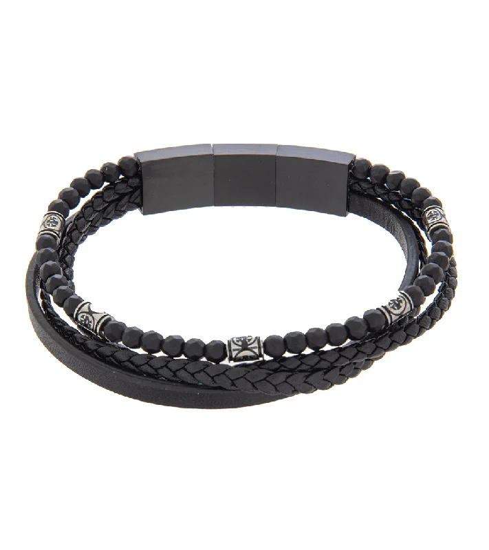 Bamboo style bracelet-Mens Bracelet 21-23 cm Black Multi-Leather with Stone and extender