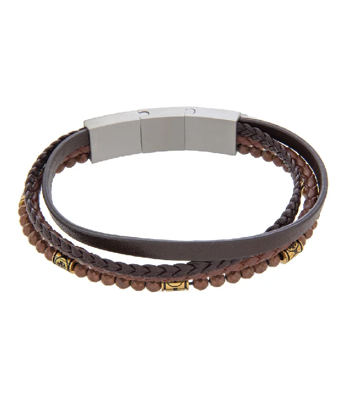 Mixed metal bracelet-Mens Bracelet 21-23 cm Brown Multi-Leather with Stone and extender