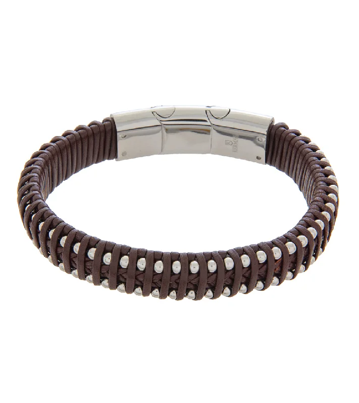 Spiral design bracelet-Mens Bracelet 19-21cm Steel Brown Leather Medium and extender