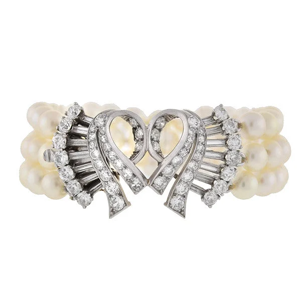 Adjustable cord bracelet-Retro 14kt 3-Strand Pearl & Diamond Bracelet