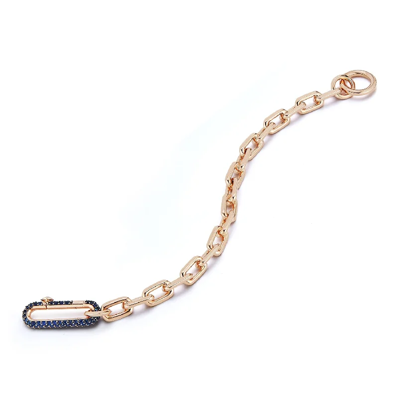 Hammered gold bracelet-SAXON 18K GOLD CHAIN LINK BRACELET WITH ELONGATED BLUE SAPPHIRE LINK CLASP