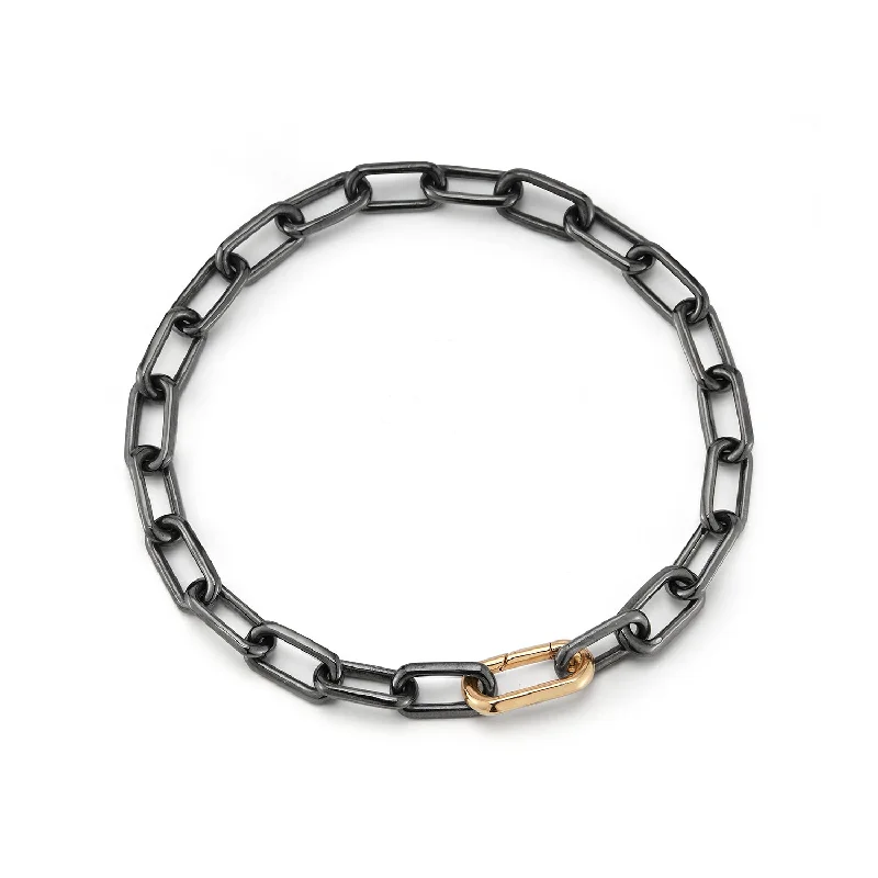 Oval garnet bracelet-SAXON BLACK RHODIUM LINK BRACELET WITH 18K ROSE GOLD ELONGATED SPRING LOADED CLASP