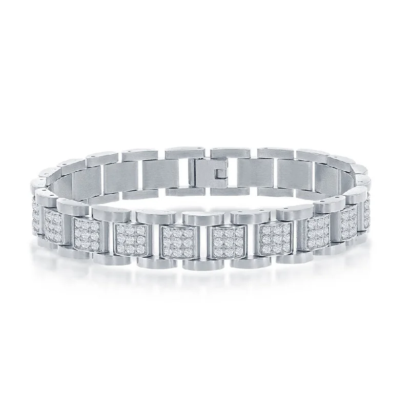 Wave design bracelet-Stainless Steel CZ Square Link Mens Bracelet