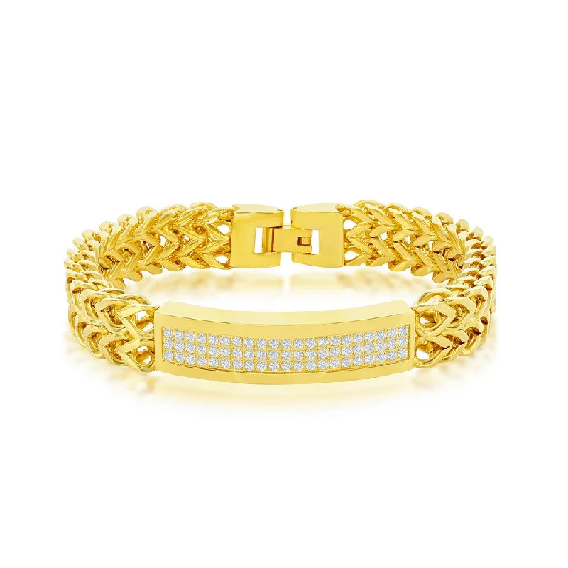 Hexagonal gem bracelet-Stainless Steel Triple Row CZ ID Double Franco Bracelet - Gold Plated