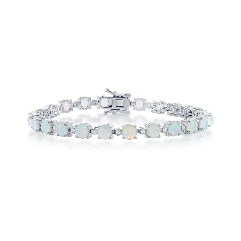 Rustic wooden bracelet-Sterling Silver Alternating Round White Opal & CZ Tennis Bracelet