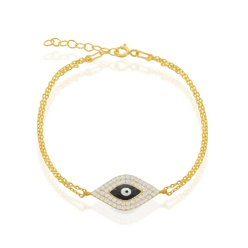 Mixed metal bracelet-Sterling Silver Double-Strand With  Center CZ and Evil Eye Bracelet - Gold Plated