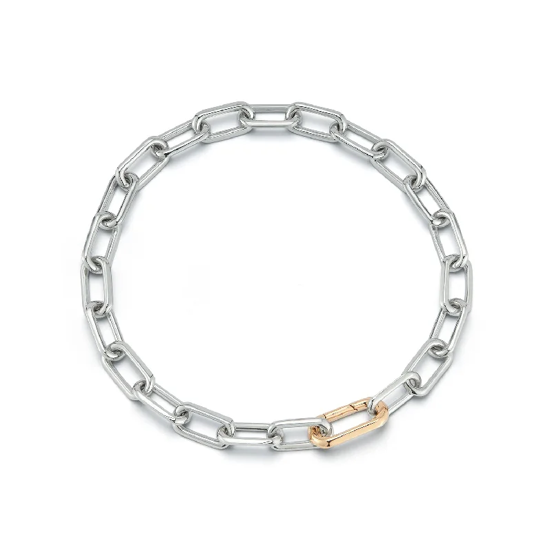 Dotted pattern bracelet-SAXON STERLING SILVER LINK BRACELET WITH 18K ROSE GOLD ELONGATED SPRING LOADED CLASP