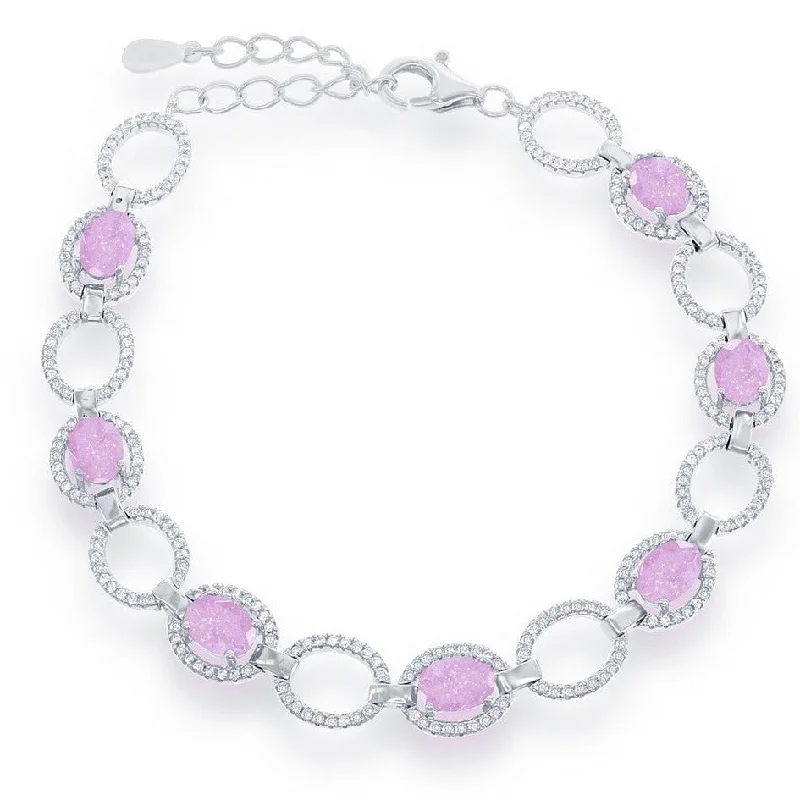 Engraved promise bracelet-Sterling Silver  Open CZ Oval with Pink Ice Bracelet