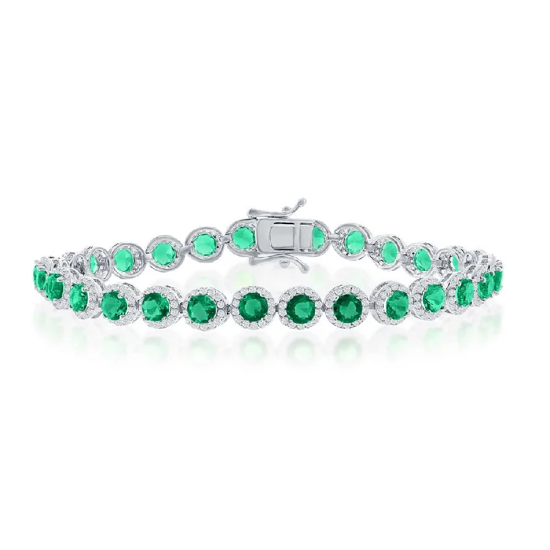 Sunburst design bracelet-Sterling Silver Round Halo White & Emerald CZ Linked Bracelet