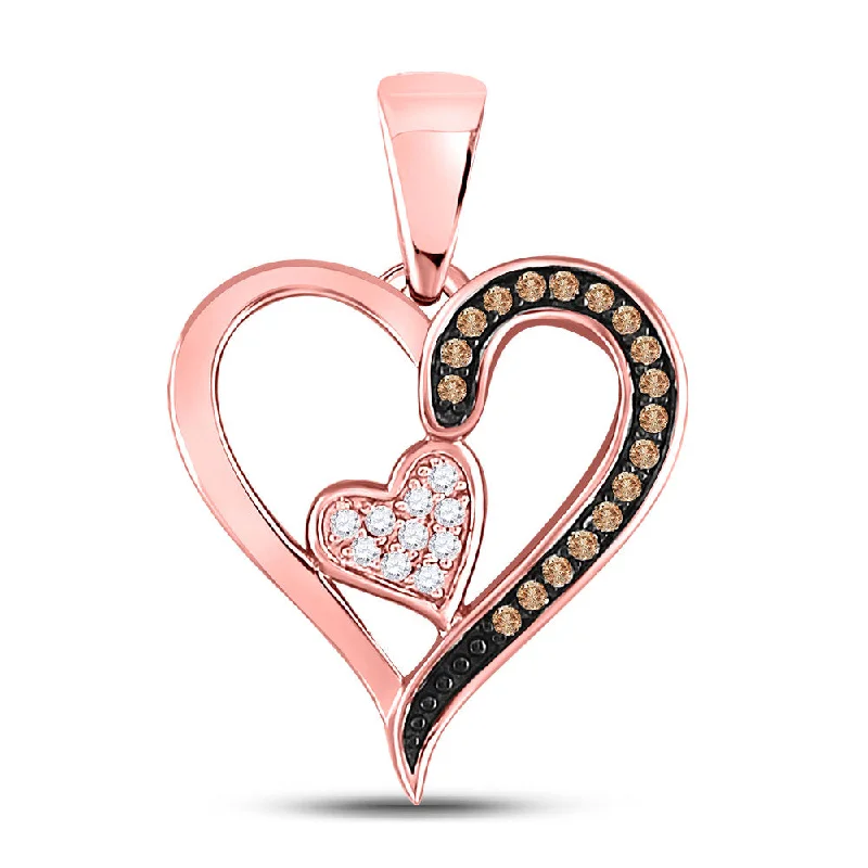 Heartbeat design necklace-10kt Rose Gold Womens Round Brown Diamond Heart Pendant 1/10 Cttw