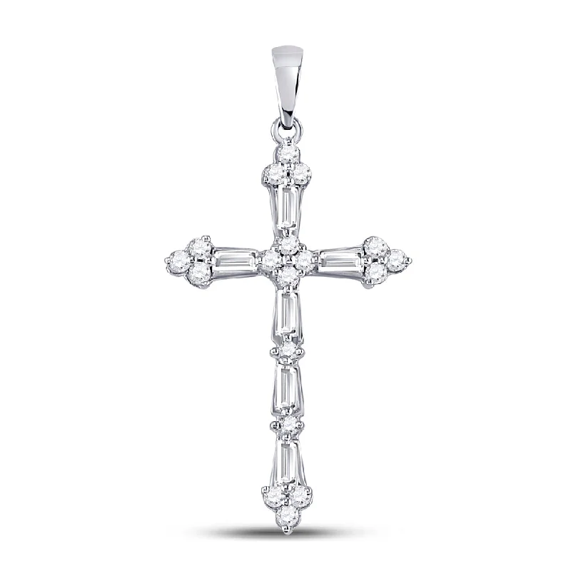 Enamel flower necklace-10kt White Gold Womens Round Baguette Diamond Cross Pendant 1/2 Cttw