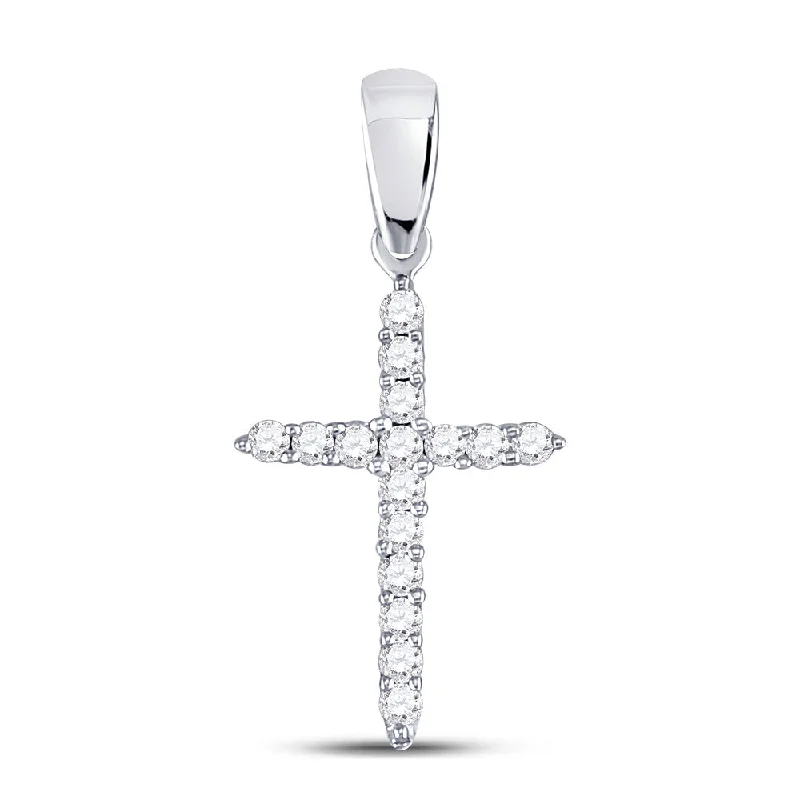 Long tassel necklace-10kt White Gold Womens Round Diamond Cross Pendant 1/6 Cttw