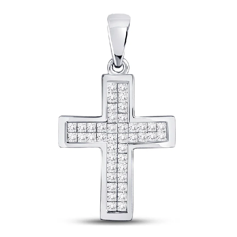 Gold chain necklace-10kt White Gold Womens Round Diamond Cross Pendant 1 Cttw