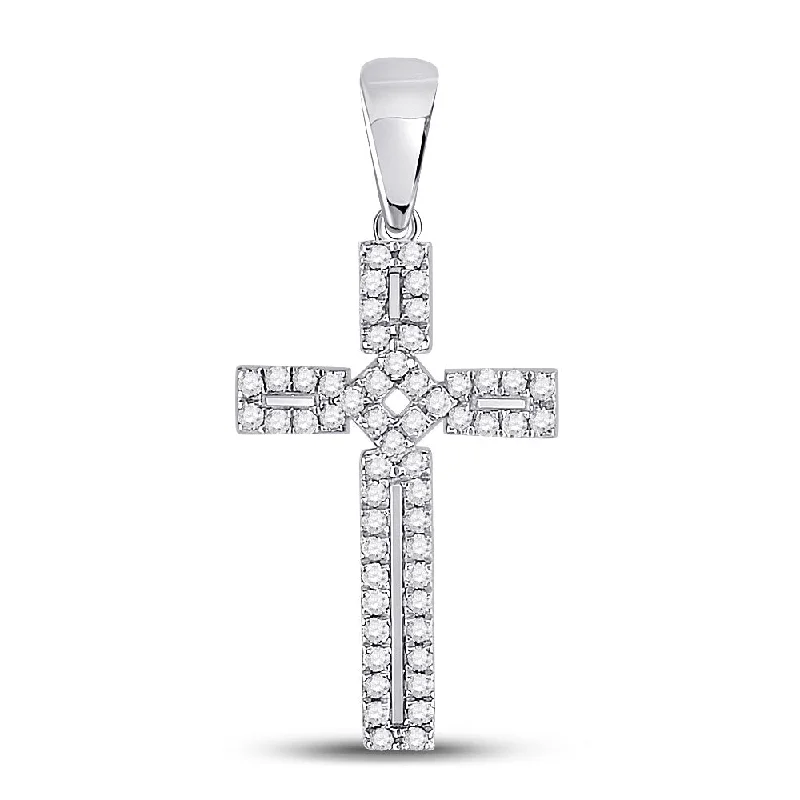 Bold zircon necklace-10kt White Gold Womens Round Diamond Roman Cross Pendant 1/3 Cttw