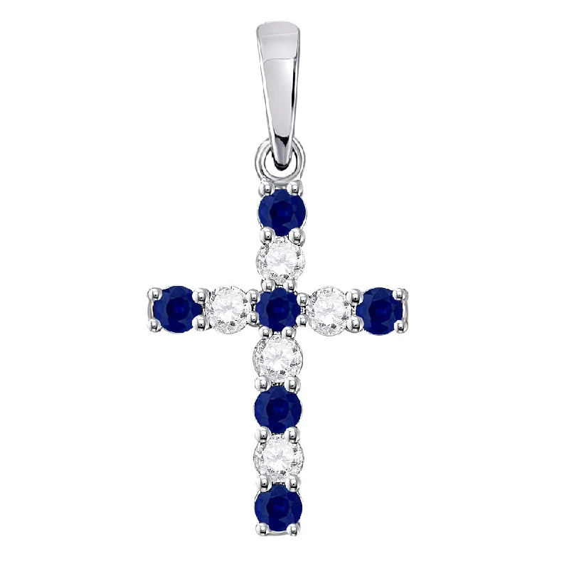 Sunburst design necklace-10kt White Gold Womens Round Lab-Created Blue Sapphire Cross Pendant 1/3 Cttw