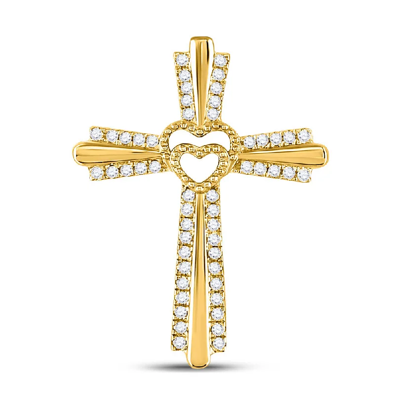 Leaf motif necklace-10kt Yellow Gold Womens Round Diamond Heart Cross Pendant 1/4 Cttw