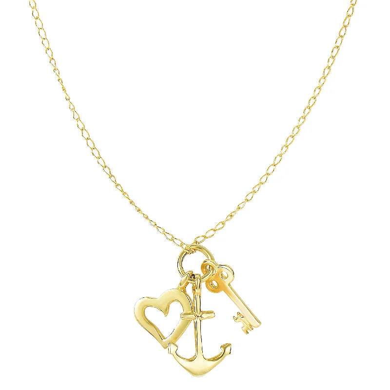 Multi-stone necklace-14k Yellow Gold Key Anchor And Heart Charms Necklace, 18"