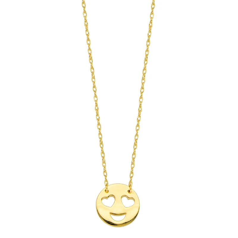 Hammered gold necklace-14K Yellow Gold Love Smiley Face Pendant Necklace, 16" To 18" Adjustable