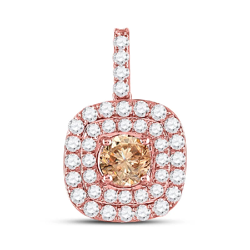 Floral cluster necklace-14kt Rose Gold Womens Round Brown Diamond Halo Solitaire Pendant 1 Cttw