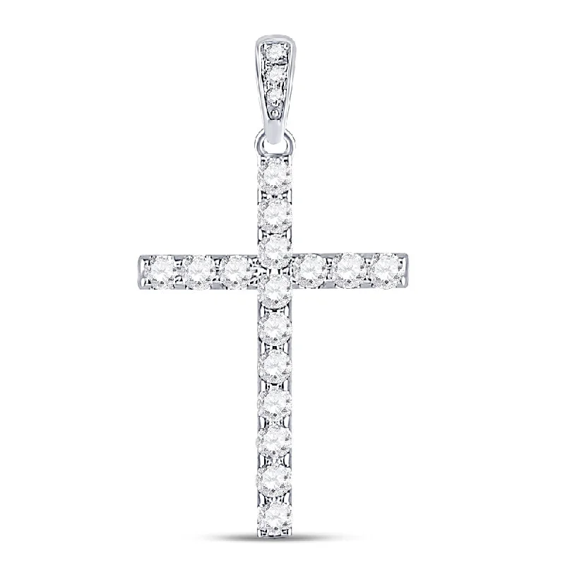 Bamboo style necklace-14kt White Gold Womens Round Diamond Cross Pendant 1/4 Cttw