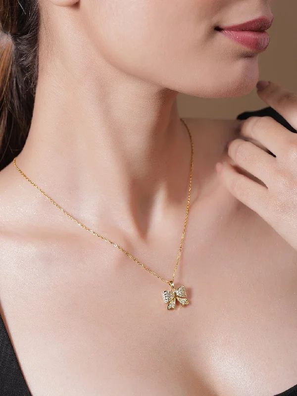 Matte finish necklace-Rubans Voguish 18K Gold Plated Stainless Steel Tarnish-Free Waterproof CZ Studded Bow Pendant Necklace