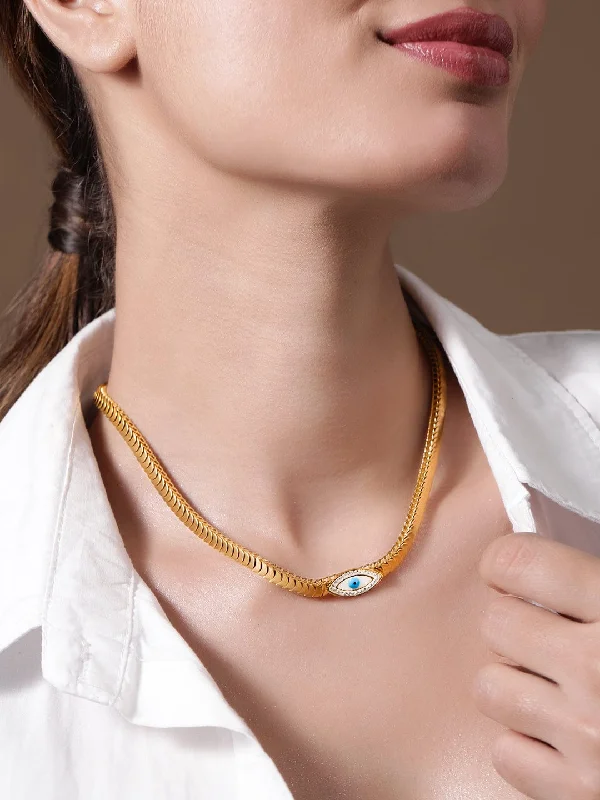 Diamond choker necklace-18KT Gold Plated Stainless Steel Tarnish-Free Waterproof Evil Eye Charm Necklace