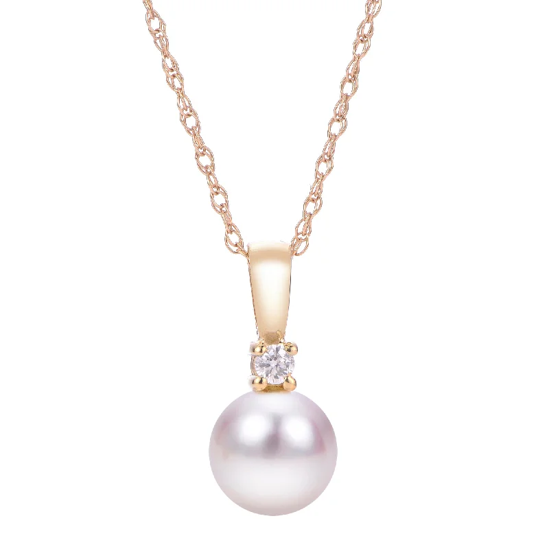 Minimalist bar necklace-7mm Akoya Pearl & Diamond 14K Yellow Gold Pendant Necklace