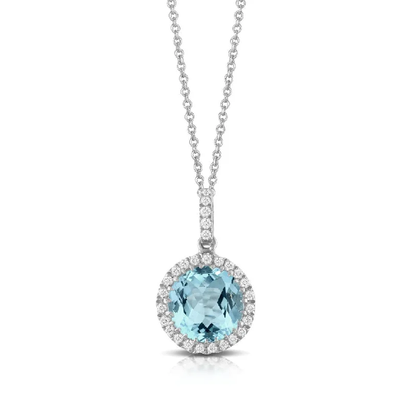 Blue topaz necklace-Blue Topaz & Diamond Halo Pendant 18K White Gold Necklace