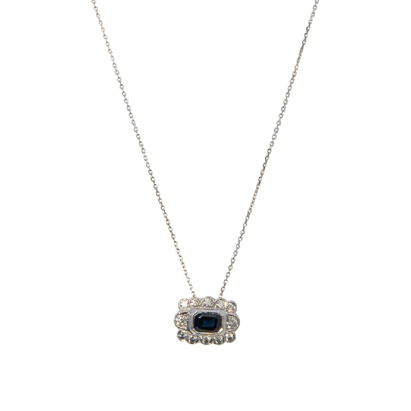 Wire wrapped necklace-Emerald Cut Sapphire & Diamond 14K Gold Pendant Necklace