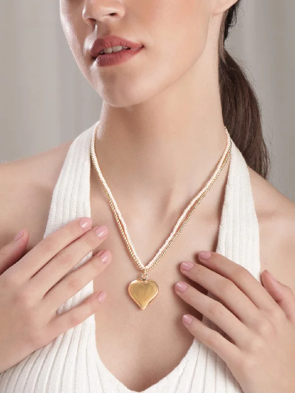 Ocean wave necklace-Rubans Voguish 22K Gold plated Stainless Steel Pearl beaded Heart Pendant Tarnish Free Layered necklace