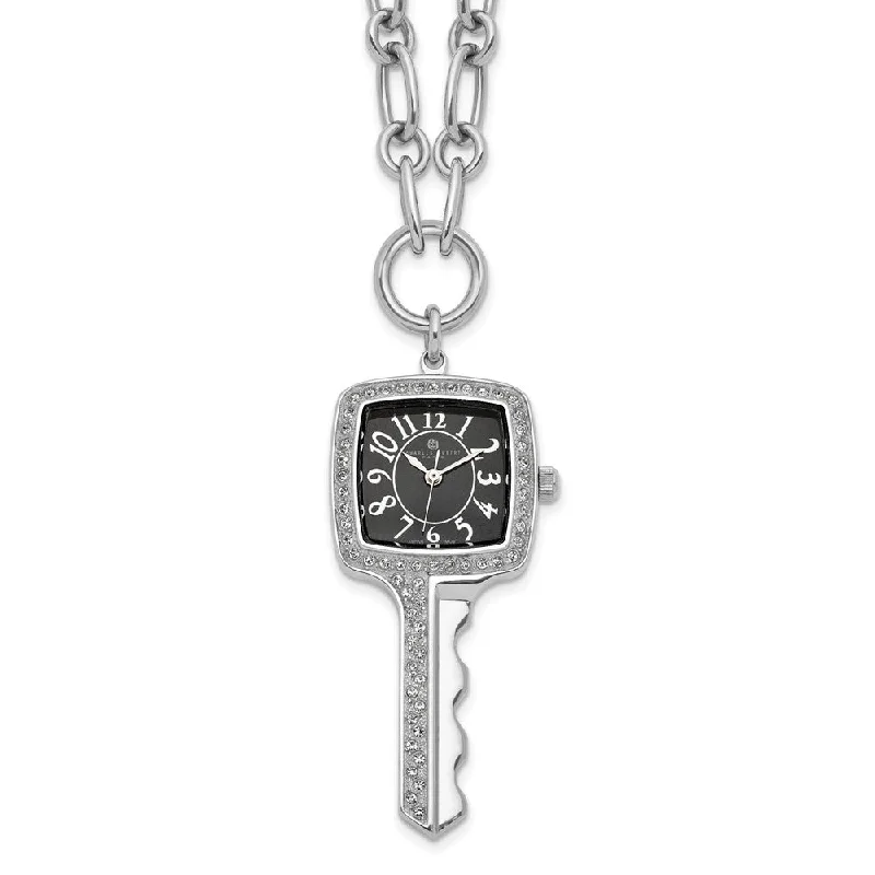 Double layer necklace-Ladies, Stainless Steel, Square Key Black Dial Pendant Watch Necklace