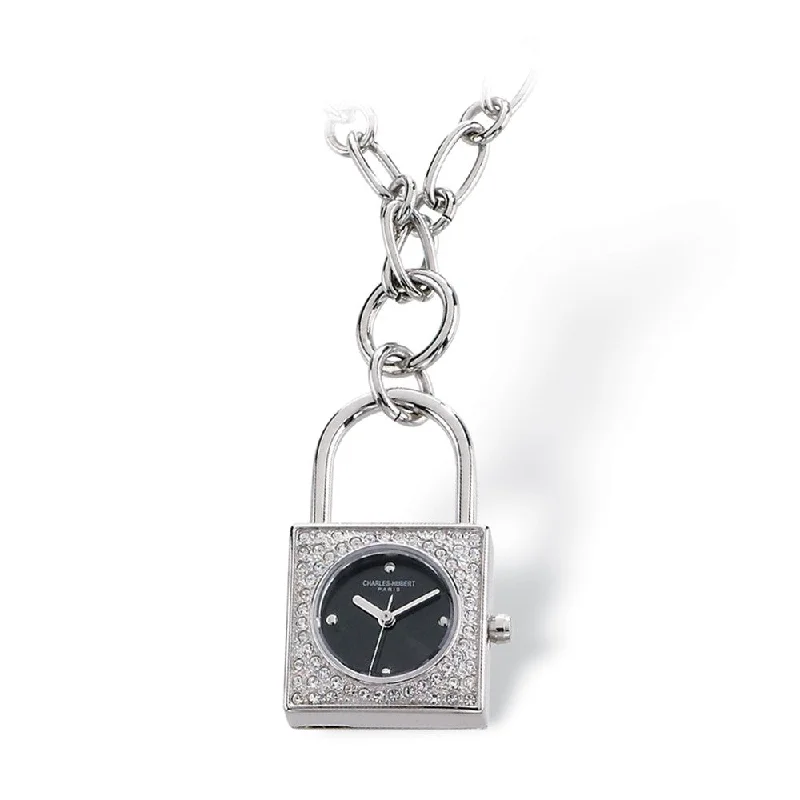 Sapphire teardrop necklace-Ladies, Stainless Steel, Black Dial Padlock Pendant Watch Necklace