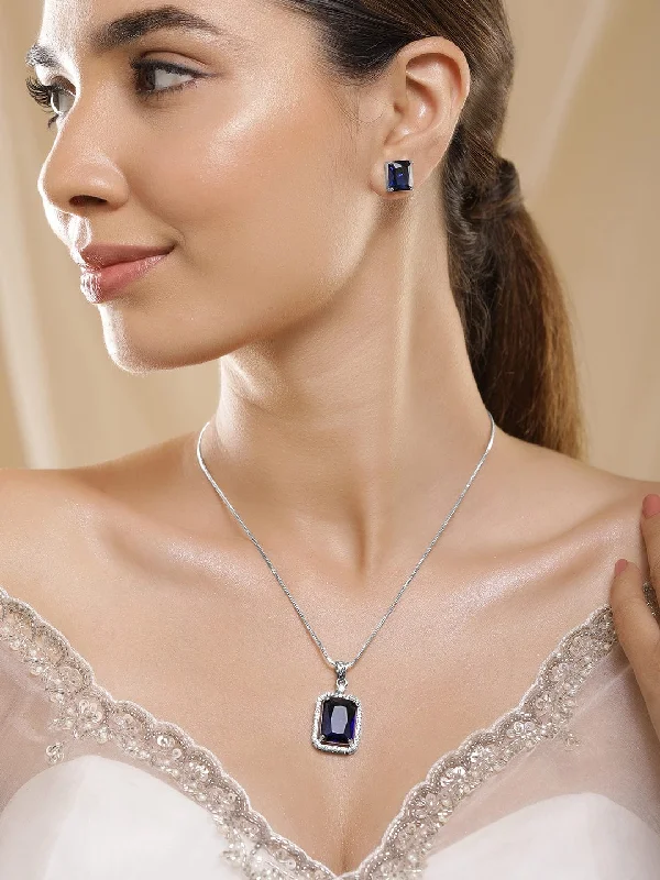 Citrine pendant necklace-Luxurious Rhodium-Plated Blue Sapphire & CZ Studded Pendant Necklace Set