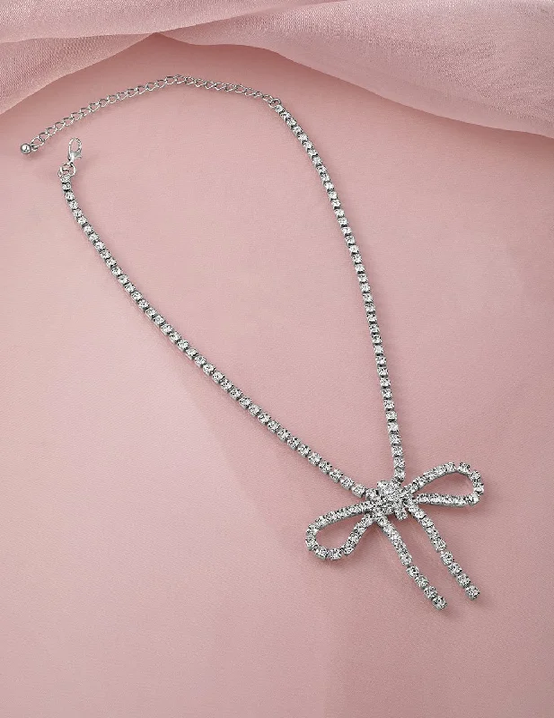 Long boho necklace-Rhodium Plated Cubic Zirconia Studded Statement Glamorous Bow Pendant Necklace