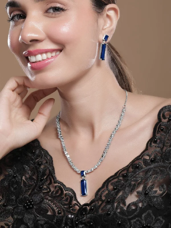 Twisted chain necklace-Rhodium Plated CZ Blue Stone Pendant Set