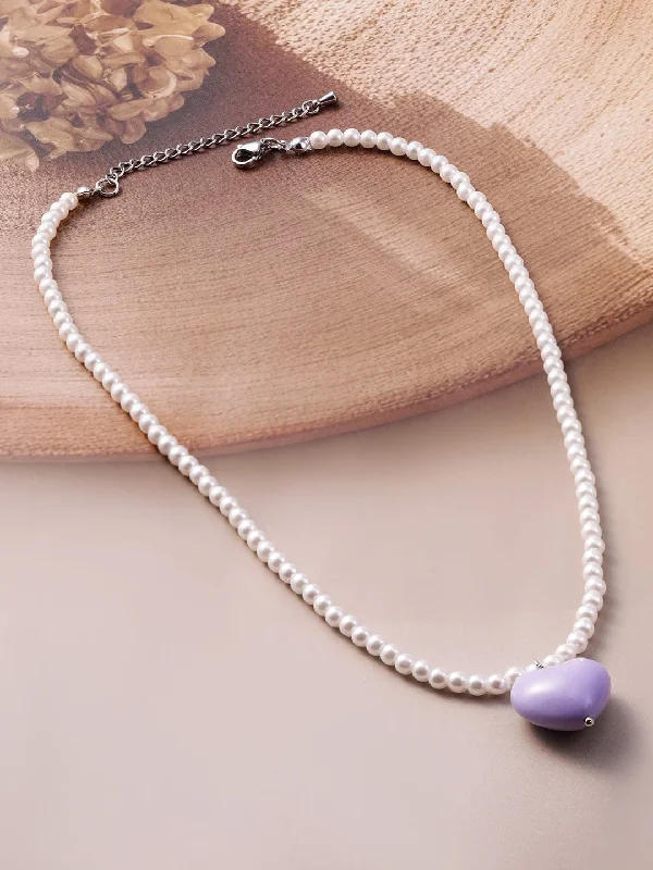 Filigree design necklace-Rhodium Plated Purple Colored Heart Pendant with White Pearls Necklace