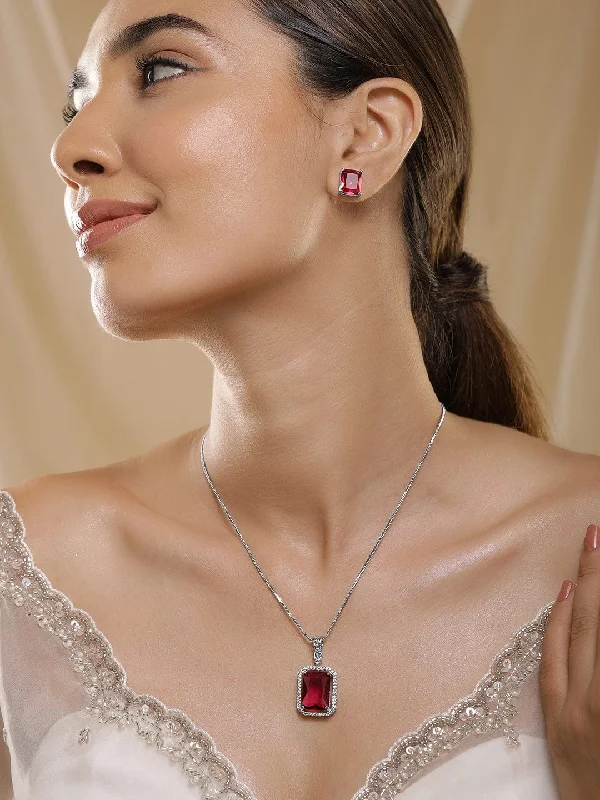 Peacock feather necklace-Rhodium-Plated Ruby & CZ Studded Pendant Necklace Set