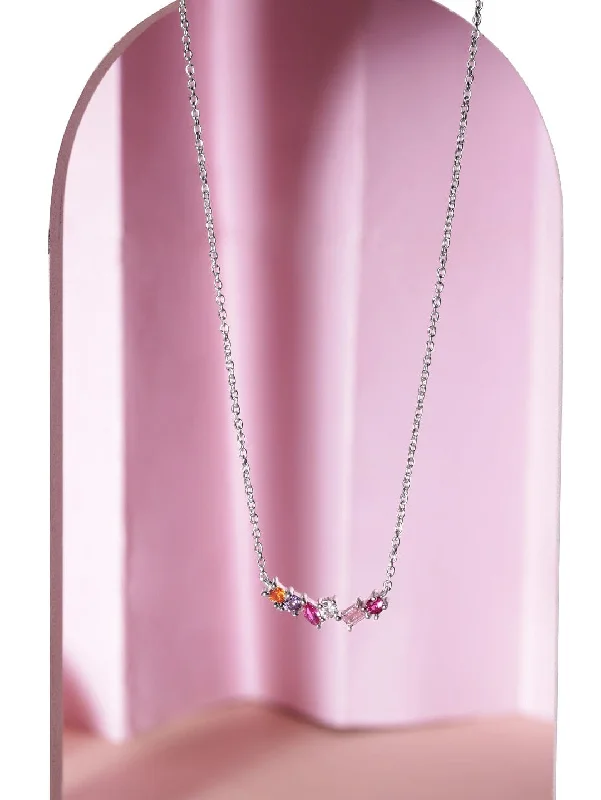 Sunburst design necklace-Rubans 925 Silver Rhodium plated Zirconia Studded Multicolour Zirconia Pendant Necklace