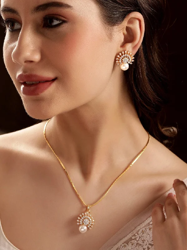 Textured chain necklace-Rubans 22K Gold Plated Pave Zirconia & Pearl Studded Radiant Pendant Set